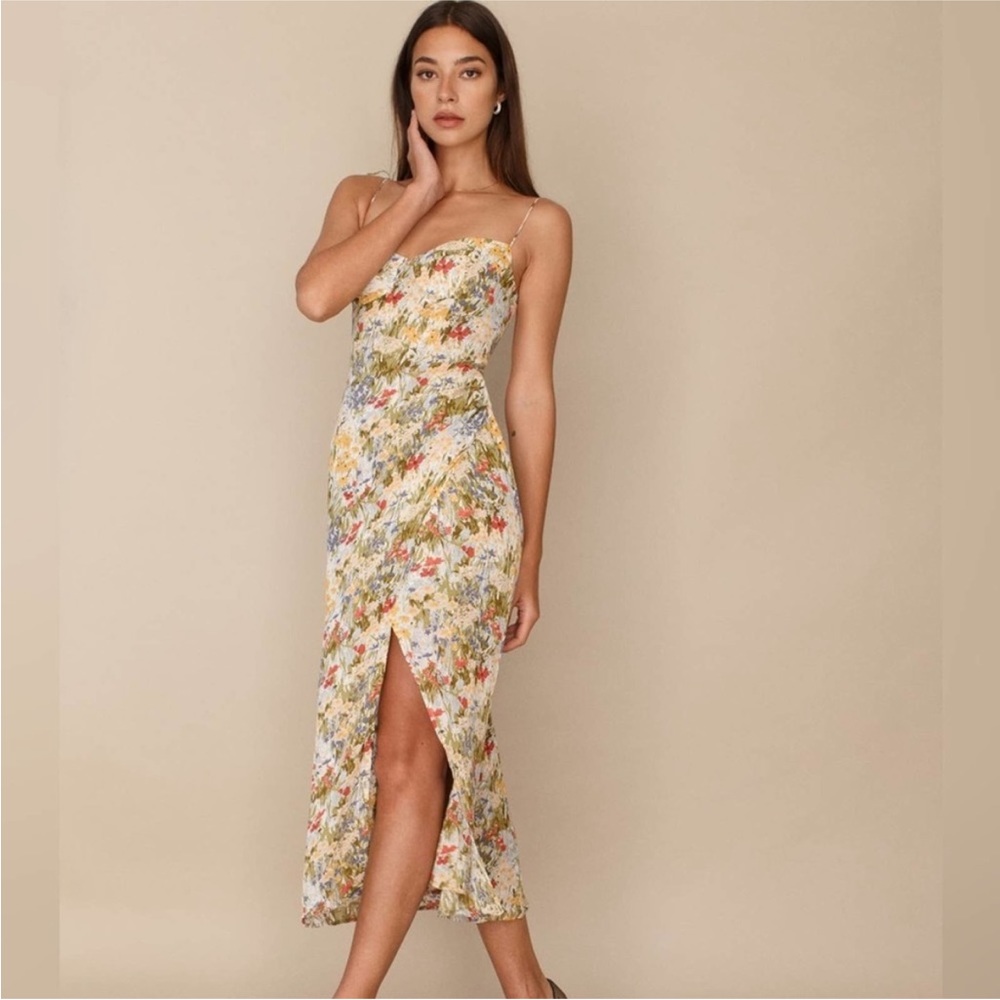 Reformation Cream Floral Slip Midi Dress with Yellow, Green & Pink Accents
